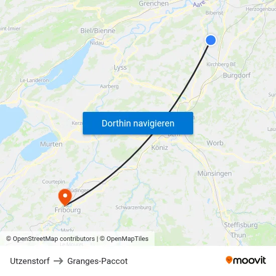 Utzenstorf to Granges-Paccot map