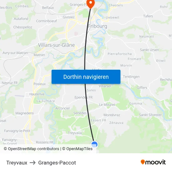 Treyvaux to Granges-Paccot map