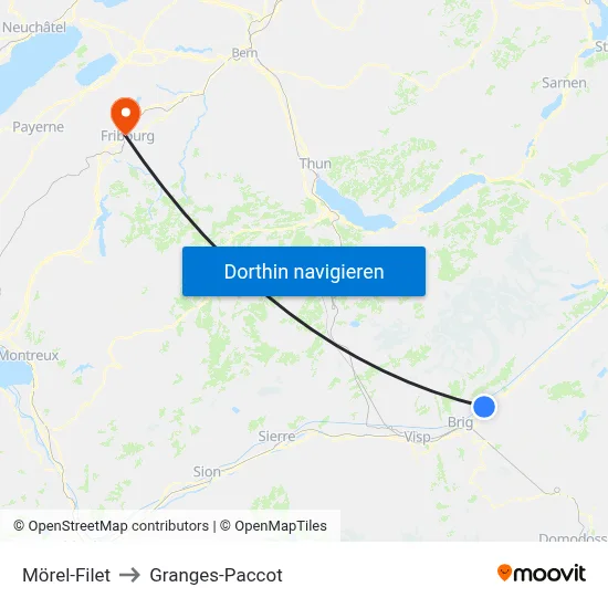 Mörel-Filet to Granges-Paccot map