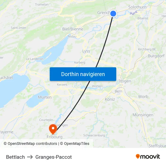 Bettlach to Granges-Paccot map