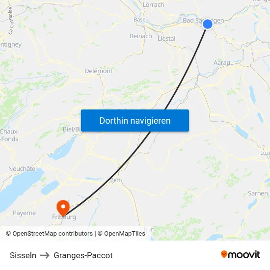 Sisseln to Granges-Paccot map