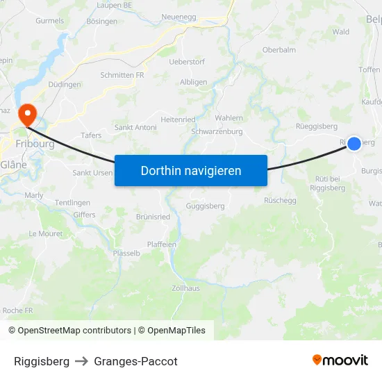 Riggisberg to Granges-Paccot map
