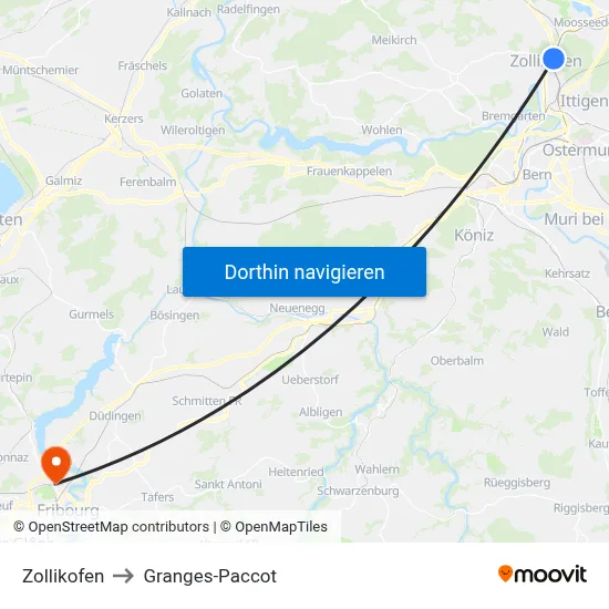 Zollikofen to Granges-Paccot map