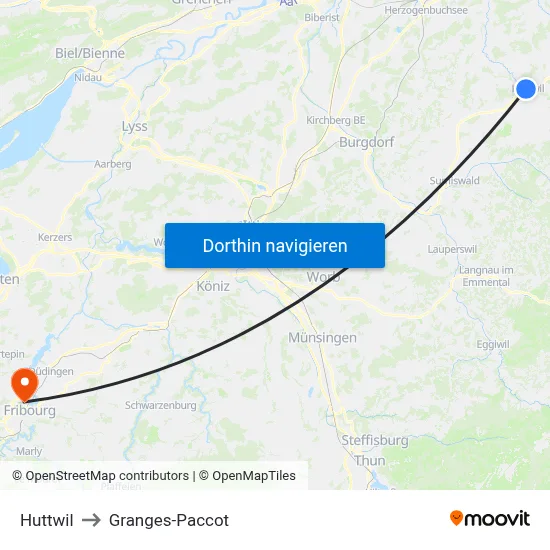 Huttwil to Granges-Paccot map