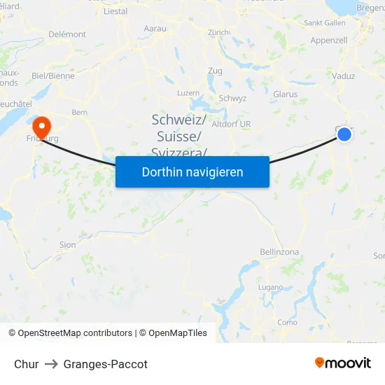 Chur to Granges-Paccot map