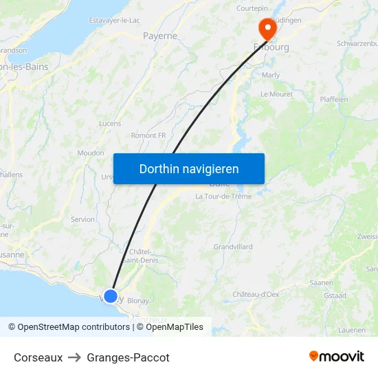 Corseaux to Granges-Paccot map