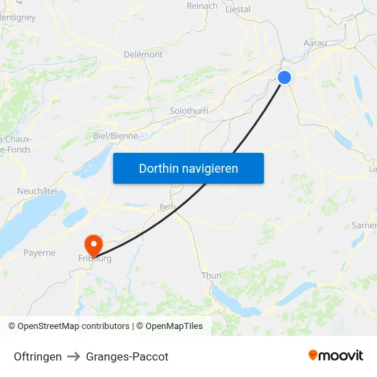 Oftringen to Granges-Paccot map