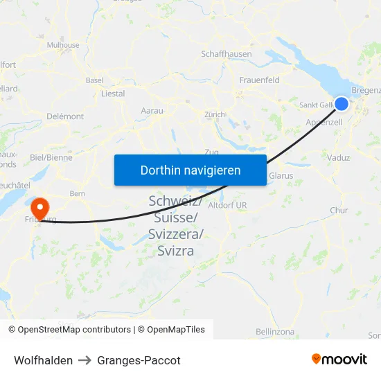 Wolfhalden to Granges-Paccot map