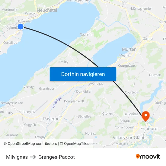 Milvignes to Granges-Paccot map