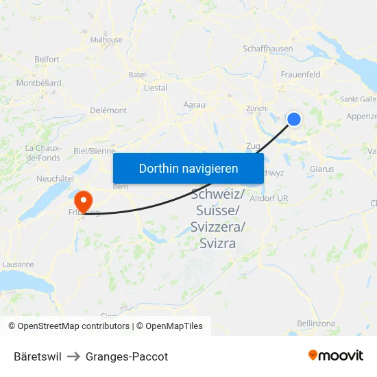 Bäretswil to Granges-Paccot map