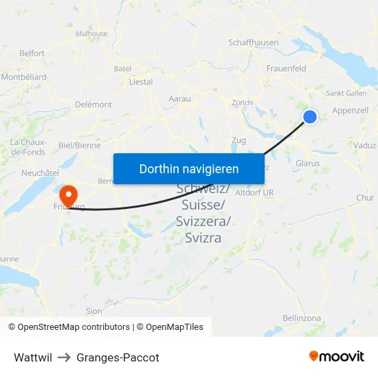 Wattwil to Granges-Paccot map