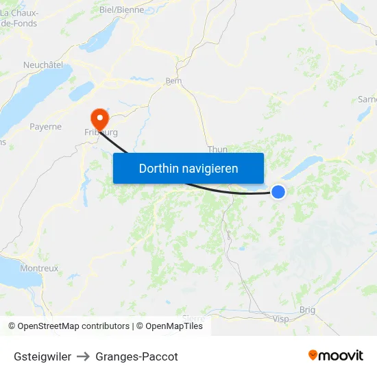 Gsteigwiler to Granges-Paccot map