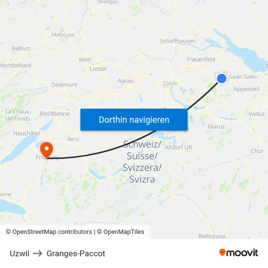 Uzwil to Granges-Paccot map