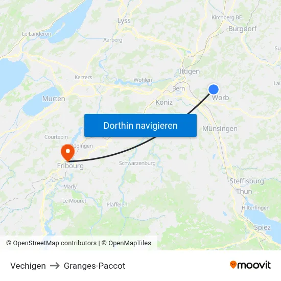 Vechigen to Granges-Paccot map