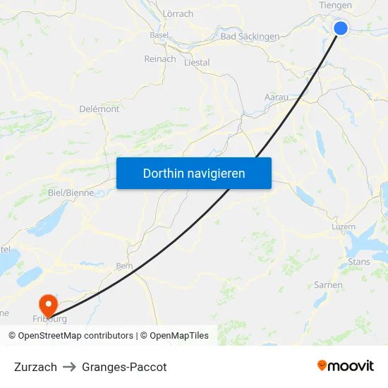 Zurzach to Granges-Paccot map