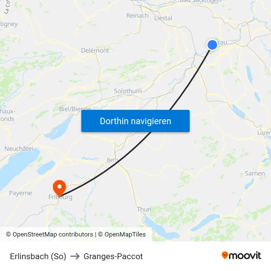 Erlinsbach (So) to Granges-Paccot map