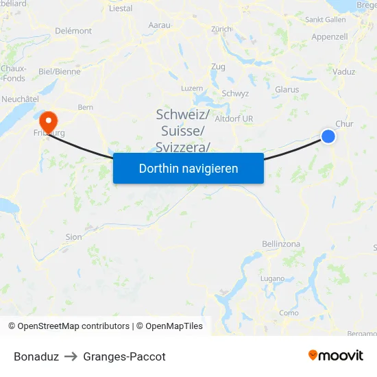 Bonaduz to Granges-Paccot map