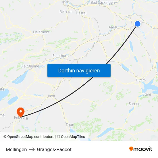 Mellingen to Granges-Paccot map