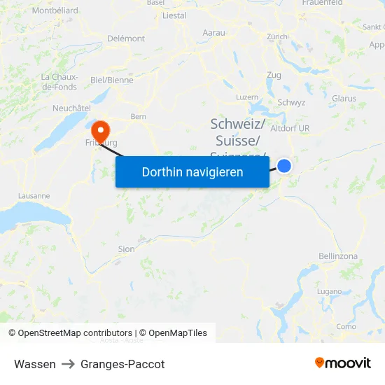 Wassen to Granges-Paccot map
