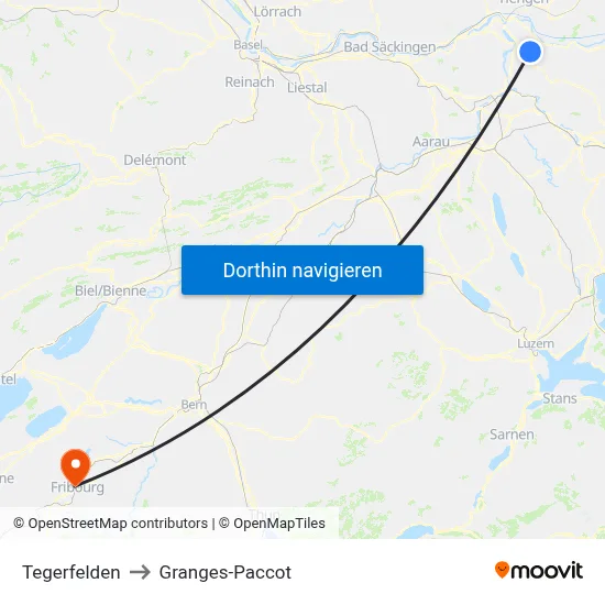 Tegerfelden to Granges-Paccot map