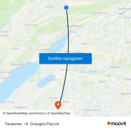 Tavannes to Granges-Paccot map