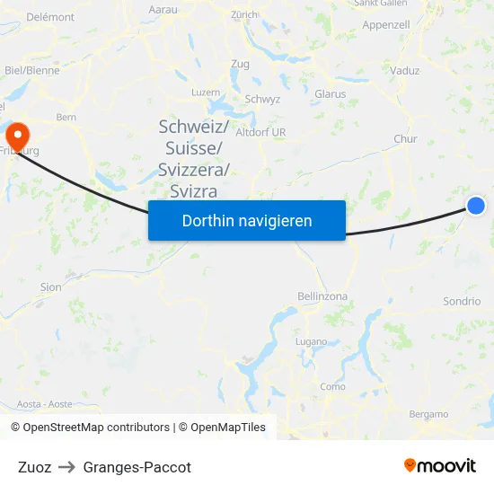 Zuoz to Granges-Paccot map