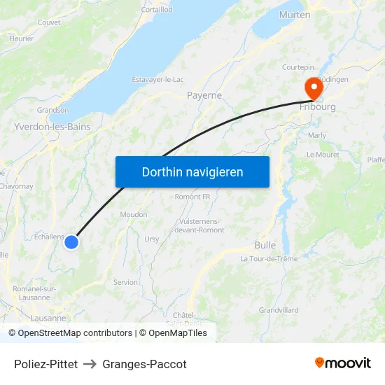 Poliez-Pittet to Granges-Paccot map