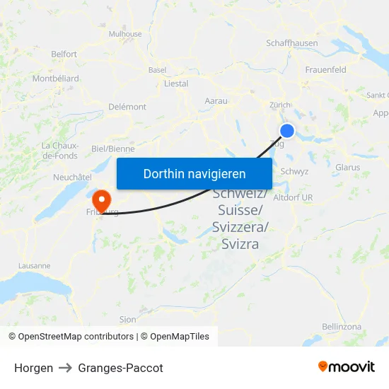 Horgen to Granges-Paccot map