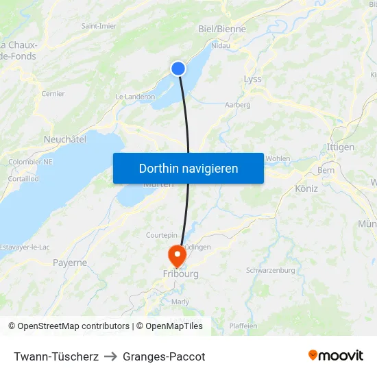 Twann-Tüscherz to Granges-Paccot map