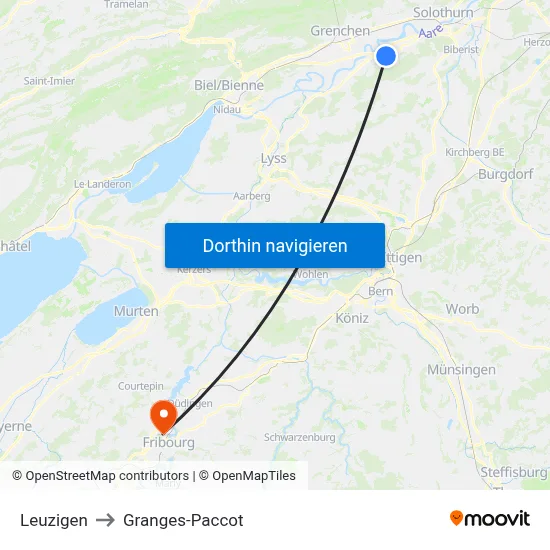 Leuzigen to Granges-Paccot map