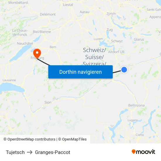 Tujetsch to Granges-Paccot map