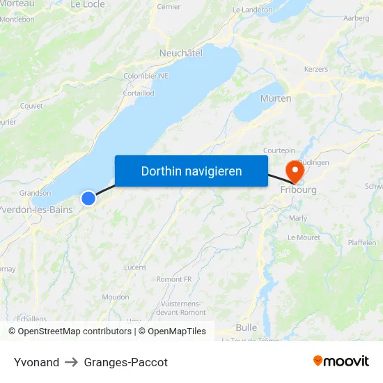 Yvonand to Granges-Paccot map