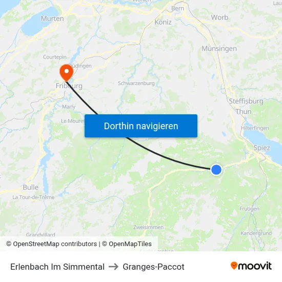 Erlenbach Im Simmental to Granges-Paccot map