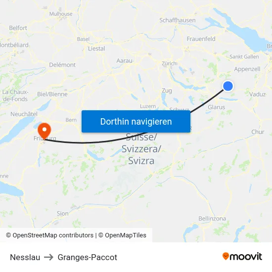 Nesslau to Granges-Paccot map