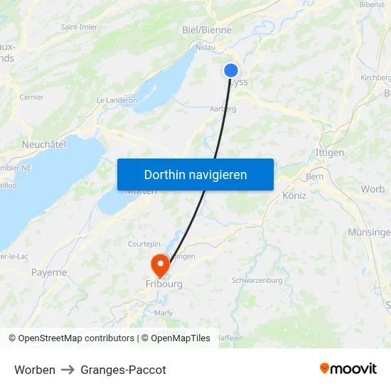Worben to Granges-Paccot map