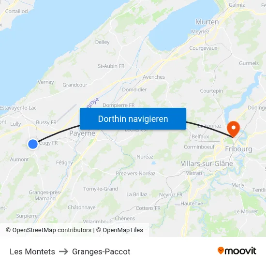 Les Montets to Granges-Paccot map