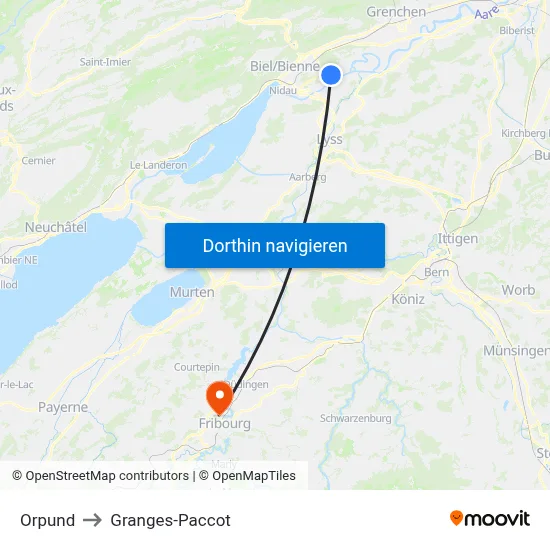 Orpund to Granges-Paccot map