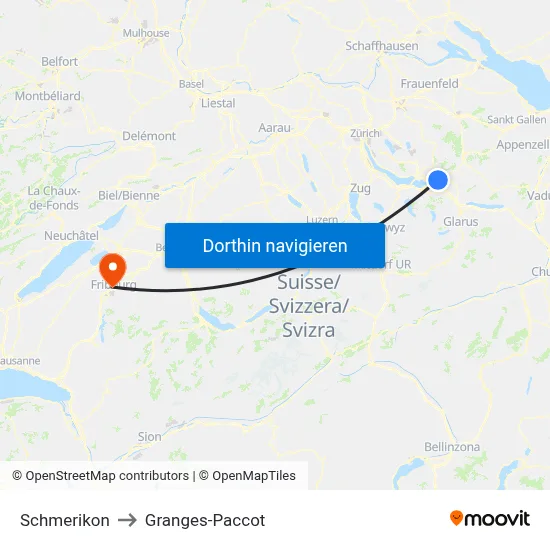 Schmerikon to Granges-Paccot map