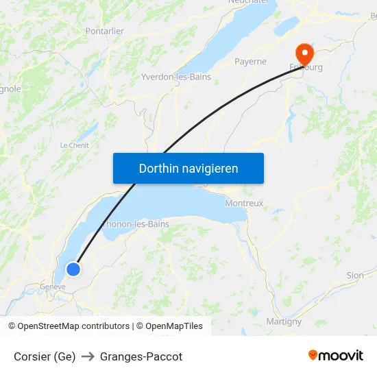 Corsier (Ge) to Granges-Paccot map