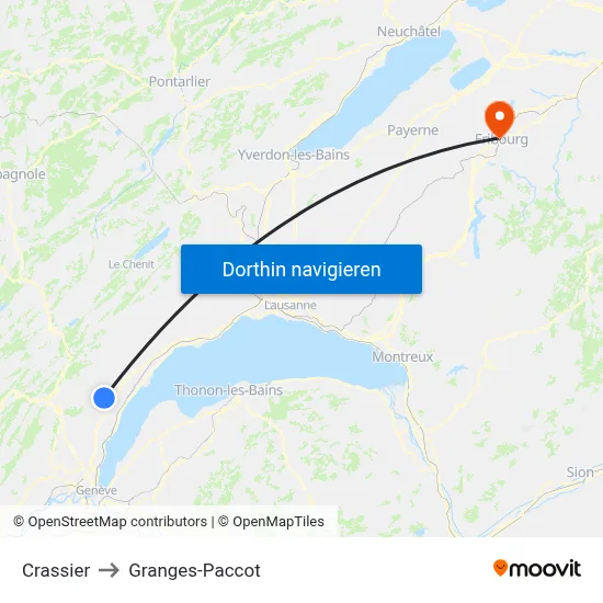 Crassier to Granges-Paccot map