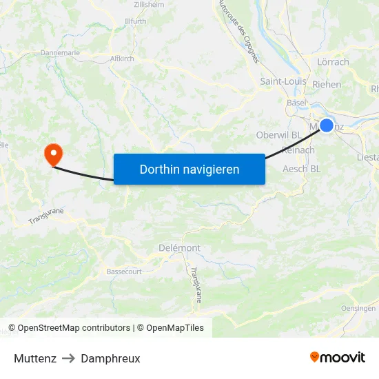 Muttenz to Damphreux map