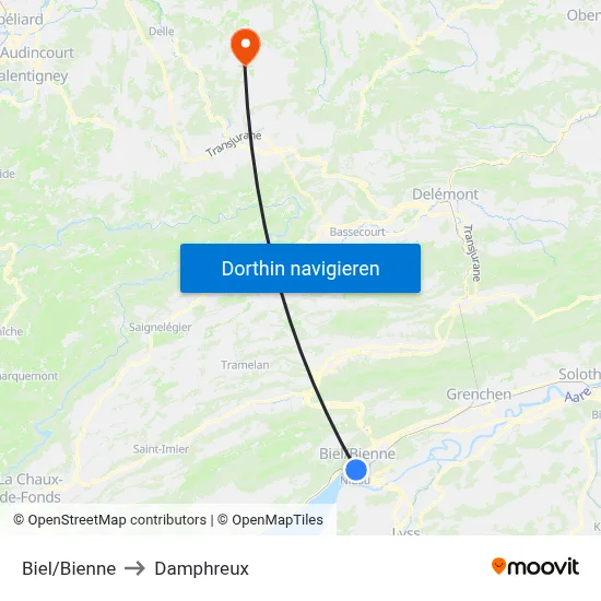 Biel/Bienne to Damphreux map