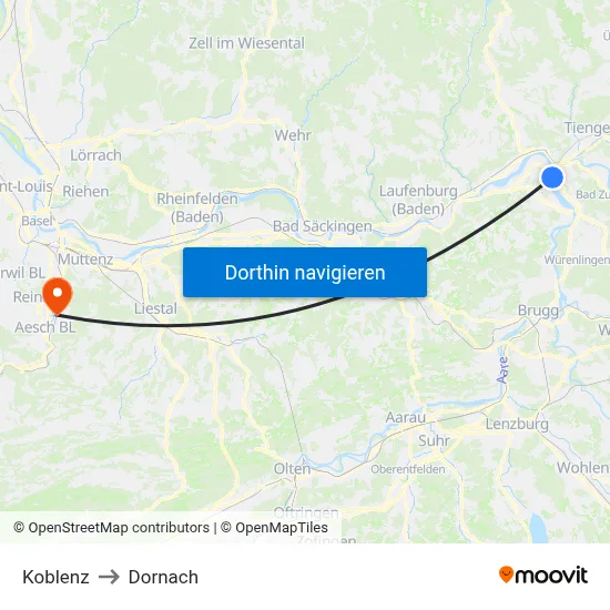 Koblenz to Dornach map