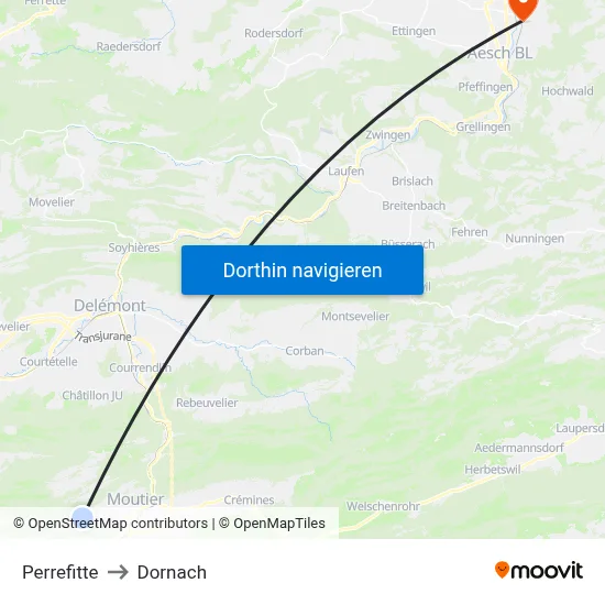 Perrefitte to Dornach map