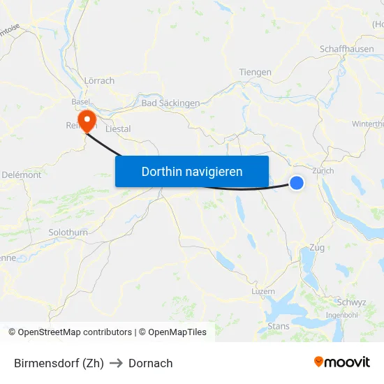 Birmensdorf (Zh) to Dornach map