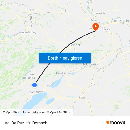 Val-De-Ruz to Dornach map