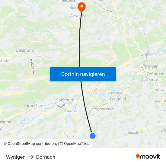 Wynigen to Dornach map