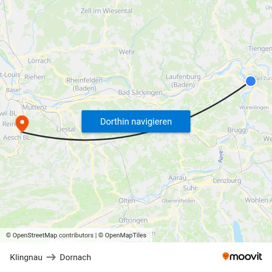 Klingnau to Dornach map