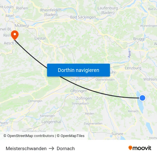 Meisterschwanden to Dornach map