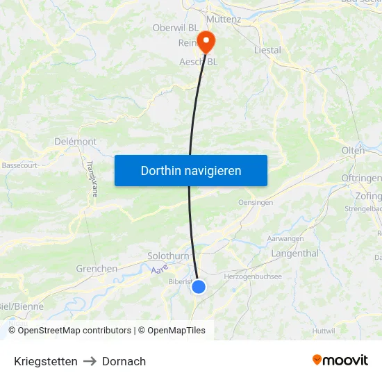 Kriegstetten to Dornach map